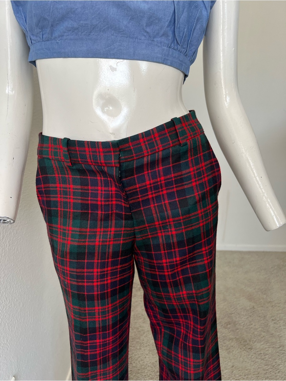 J.Crew Womens Cafe Capri Cropped Pants Red Green Plaid Mid Rise Flat Front 00